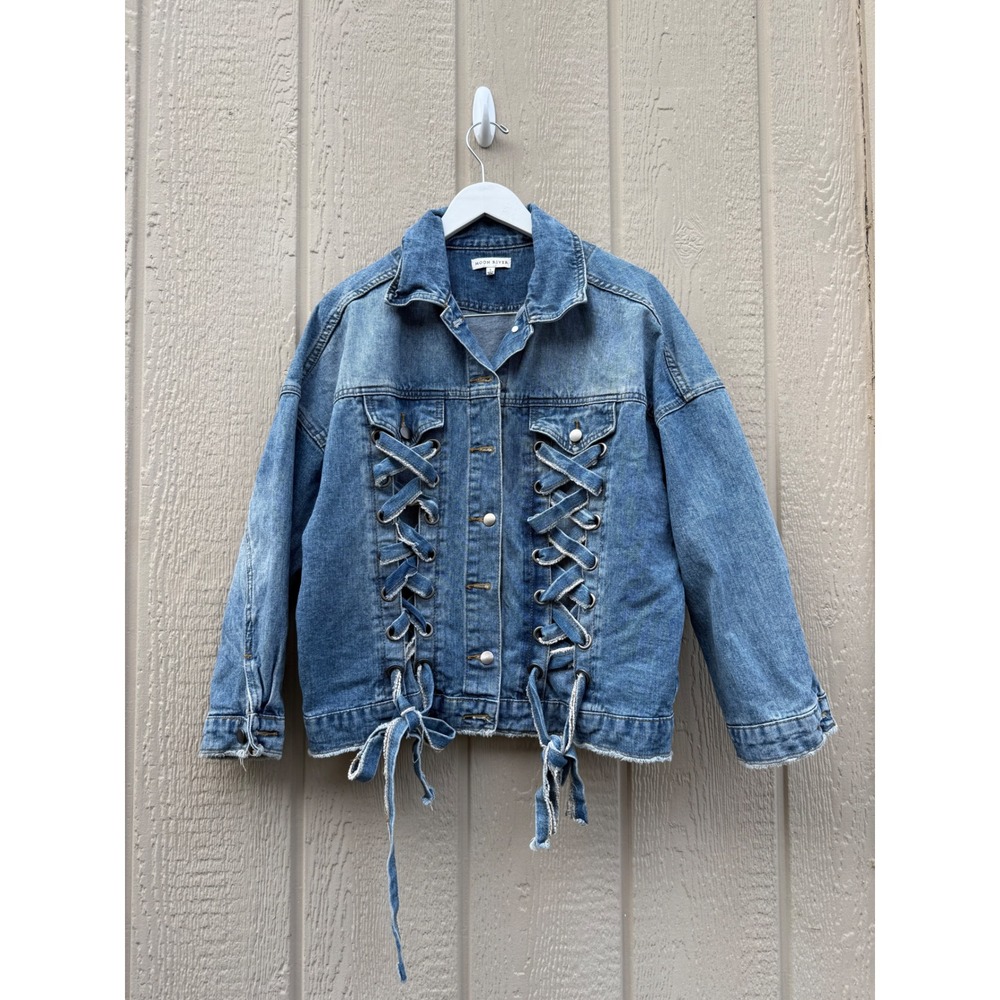 Moon River Small Denim Jacket Lace Up Distressed 100% Cotton Frayed Hem